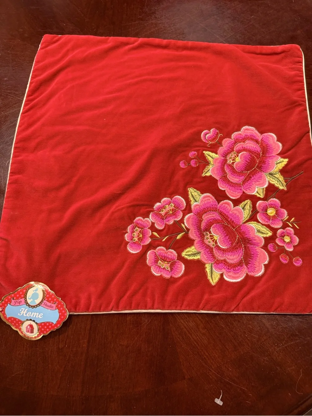 Anthropologie Red Velvet Accent Pillow Covers with Pink Floral Embroidery